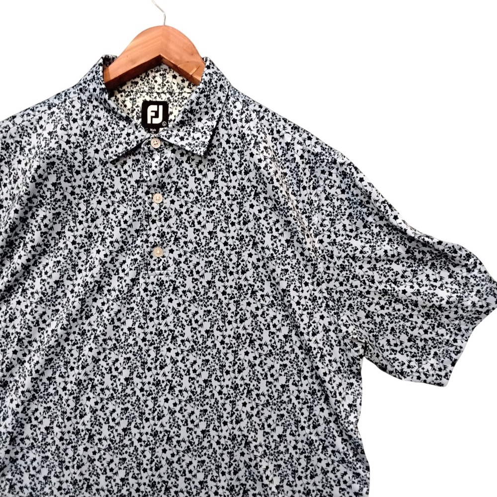 FootJoy Mens Floral Print Golf Polo Shirt Black White Short Sleeve L/XL 62426-01